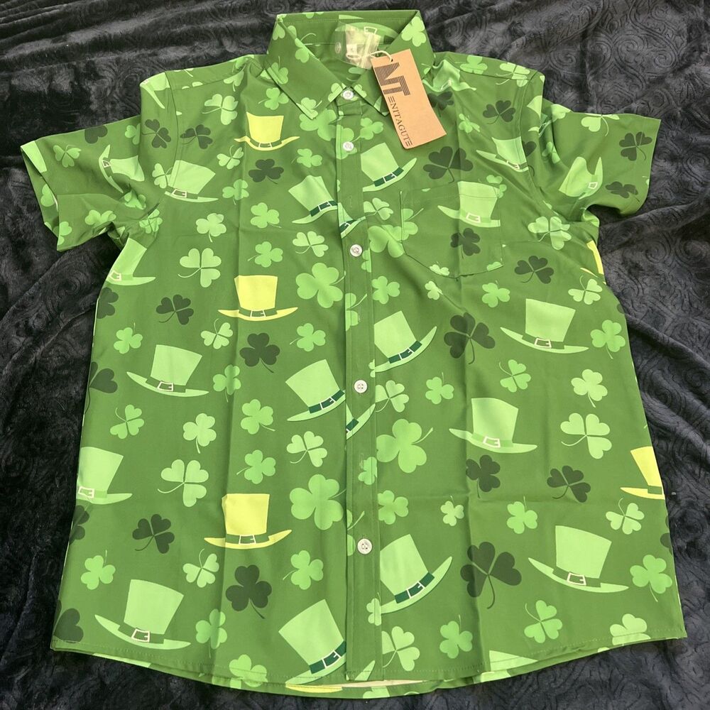 St Patrick’s Day Button Up Shamrock Hat Clover Shirt (Men's S)